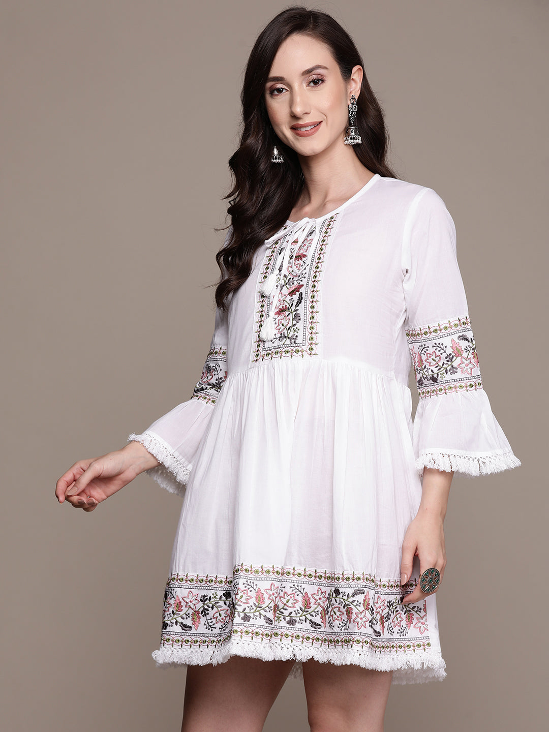 Ishin Women's White Embroidered A-Line Dress