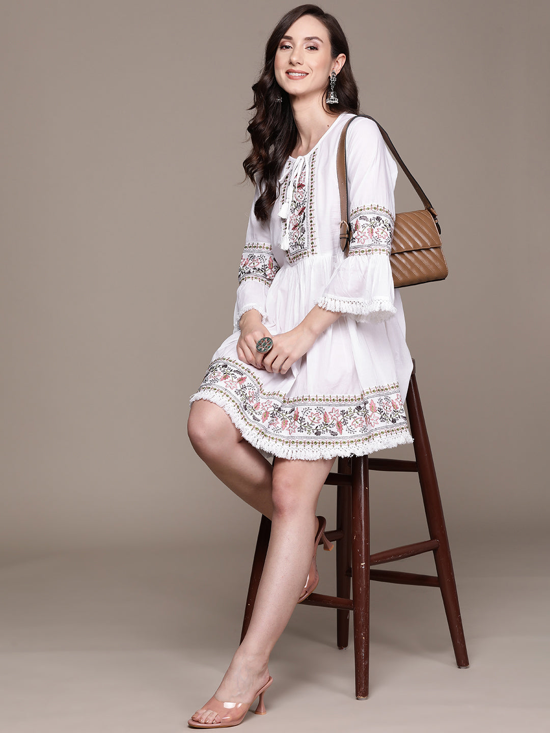 Ishin Women's White Embroidered A-Line Dress