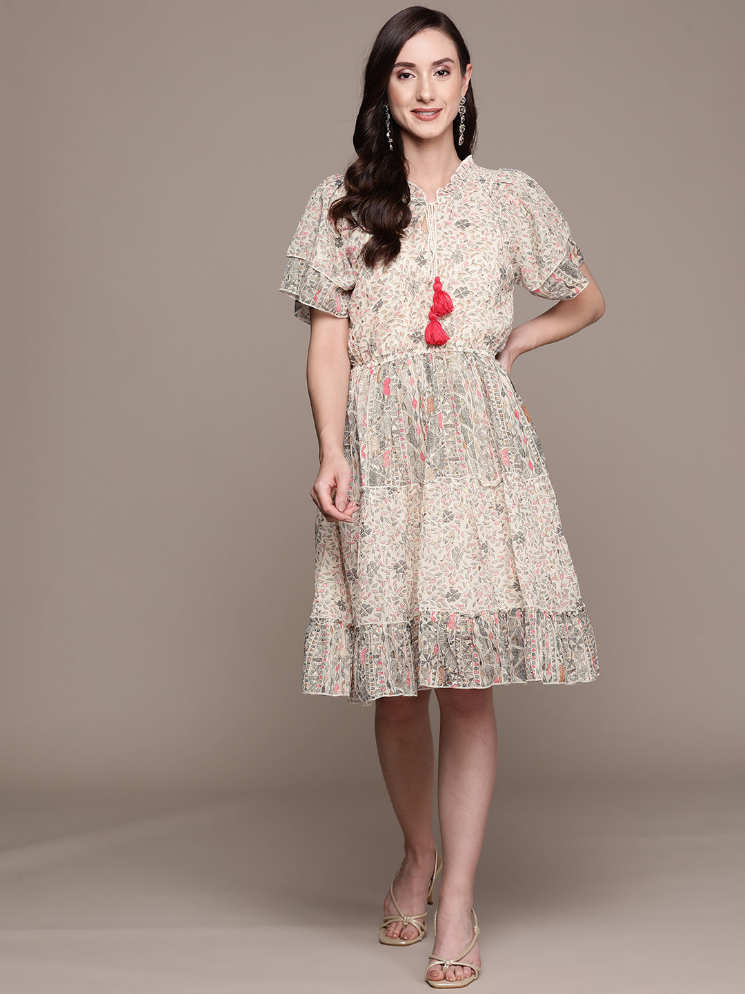 Ishin Women's Cream Floral Empire Dress