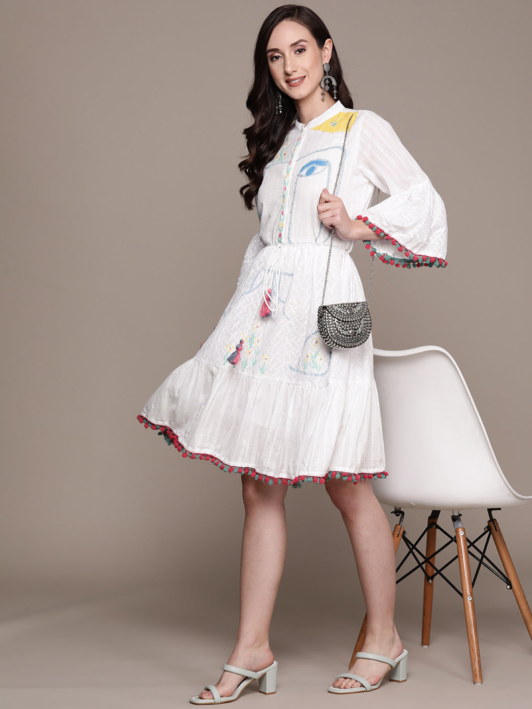 Ishin Women's White Embroidered A-Line Dress