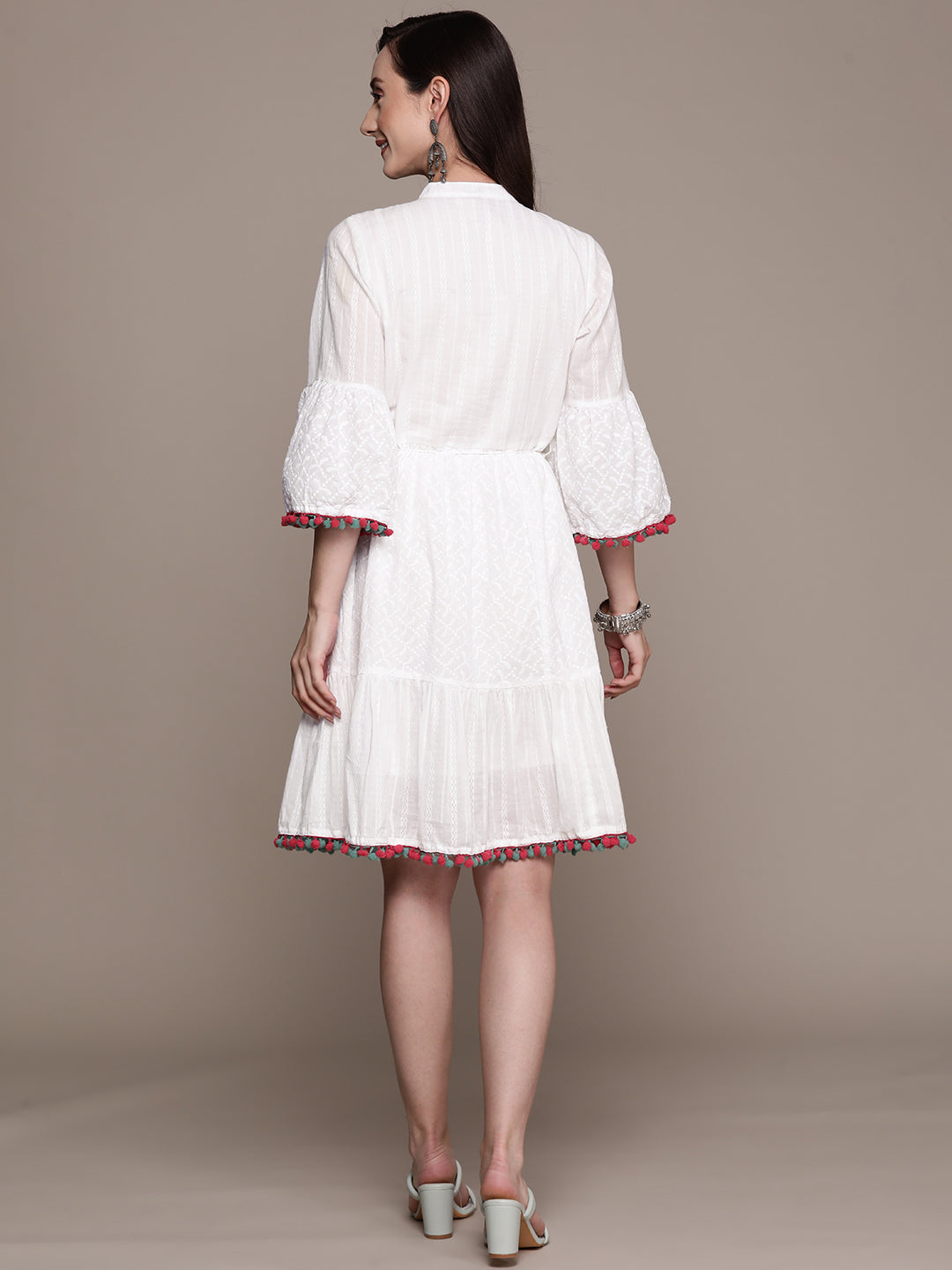 Ishin Women's White Embroidered A-Line Dress