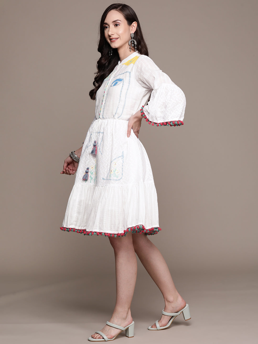 Ishin Women's White Embroidered A-Line Dress