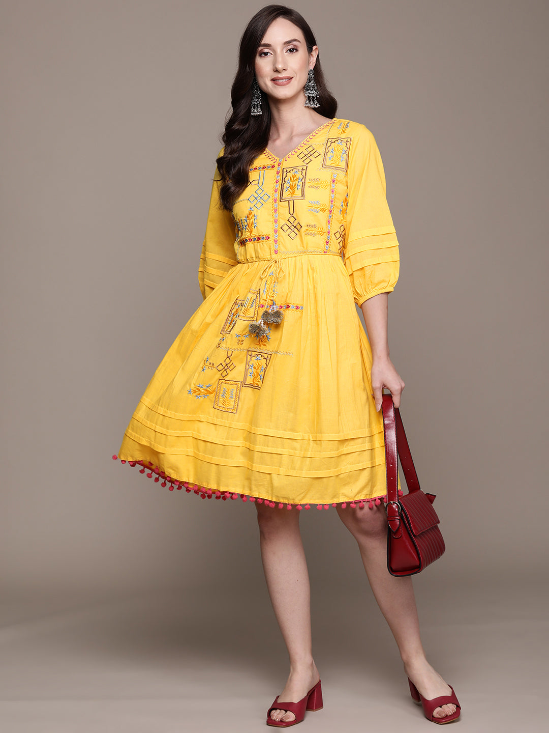 Ishin Women's Yellow Embroidered A-Line Dress