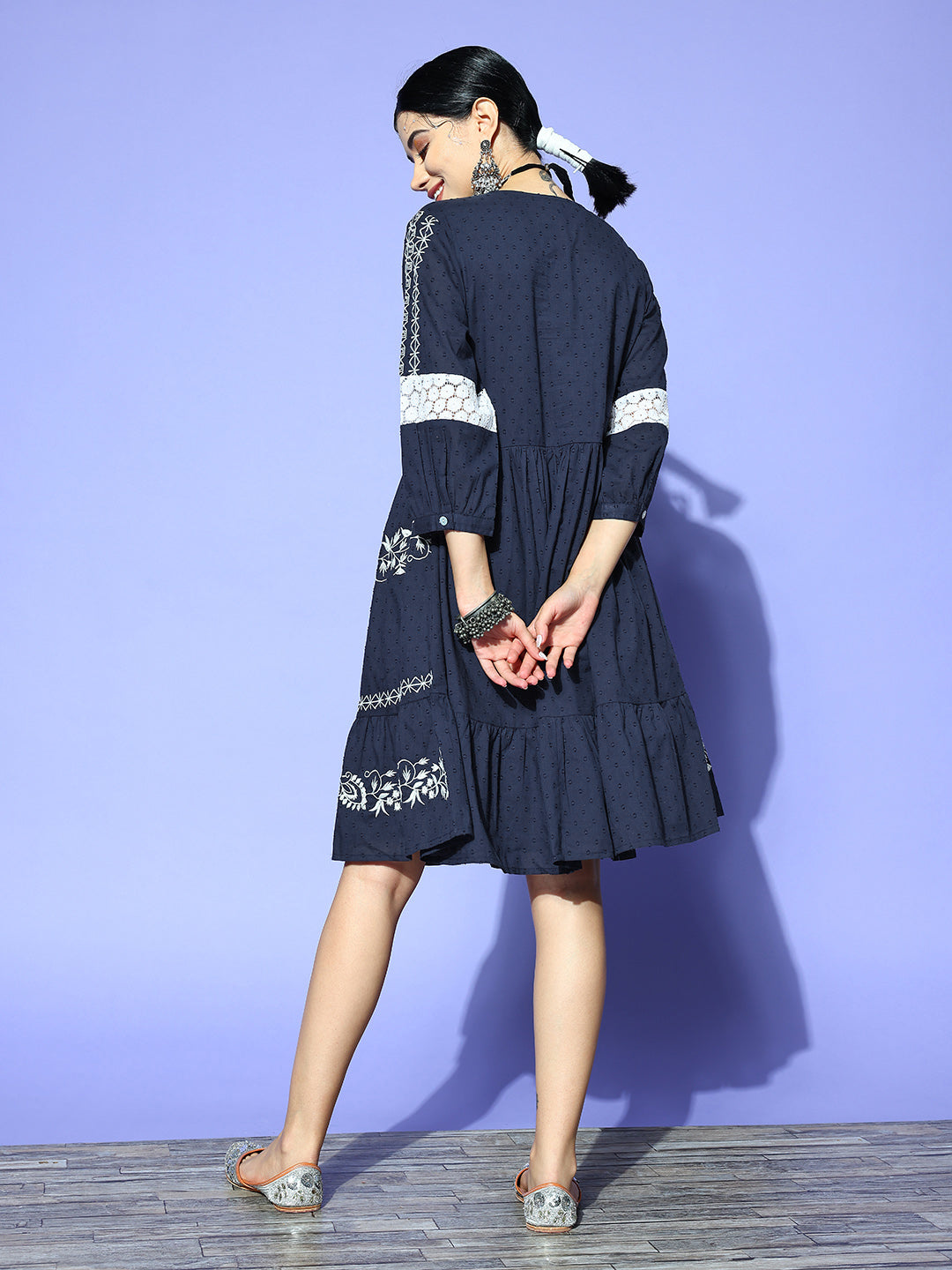 Ishin Women's Navy Blue Embroidered A-Line Dress