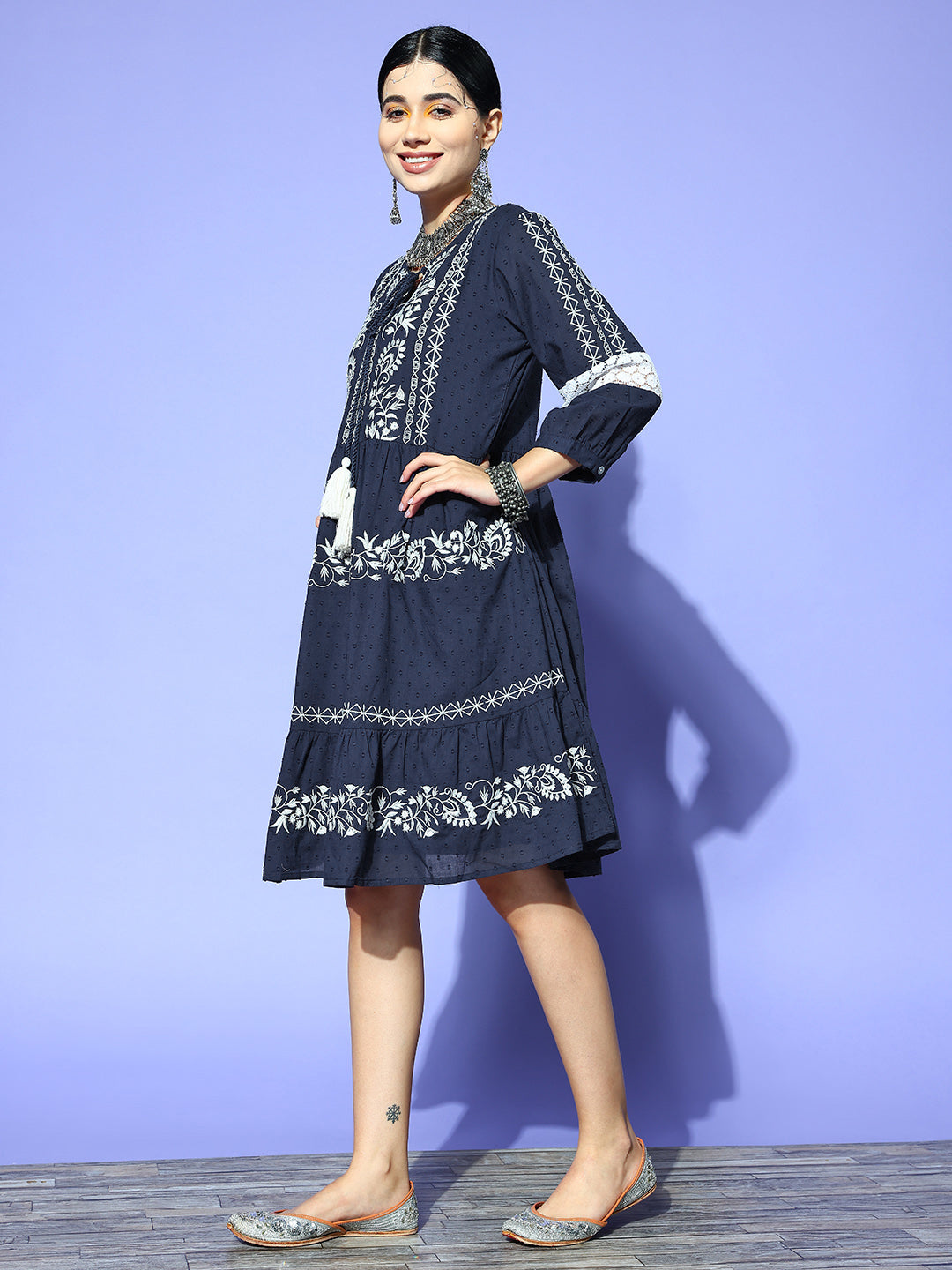 Ishin Women's Navy Blue Embroidered A-Line Dress