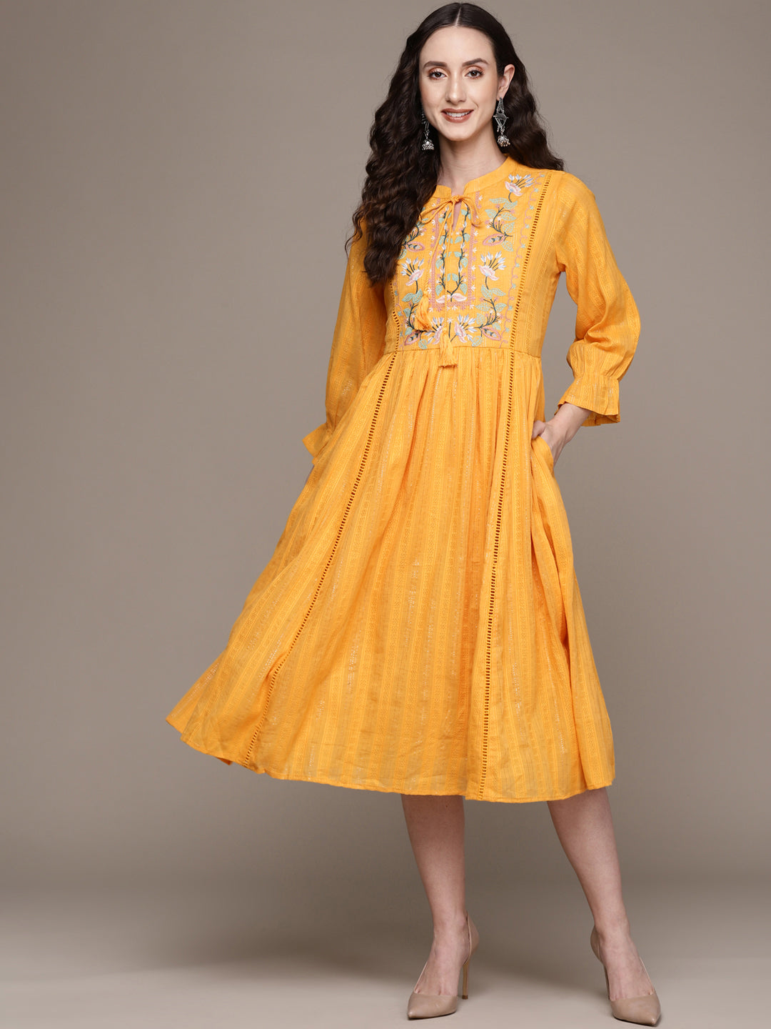 Ishin Women's Mustard Embroidered A-Line Dress