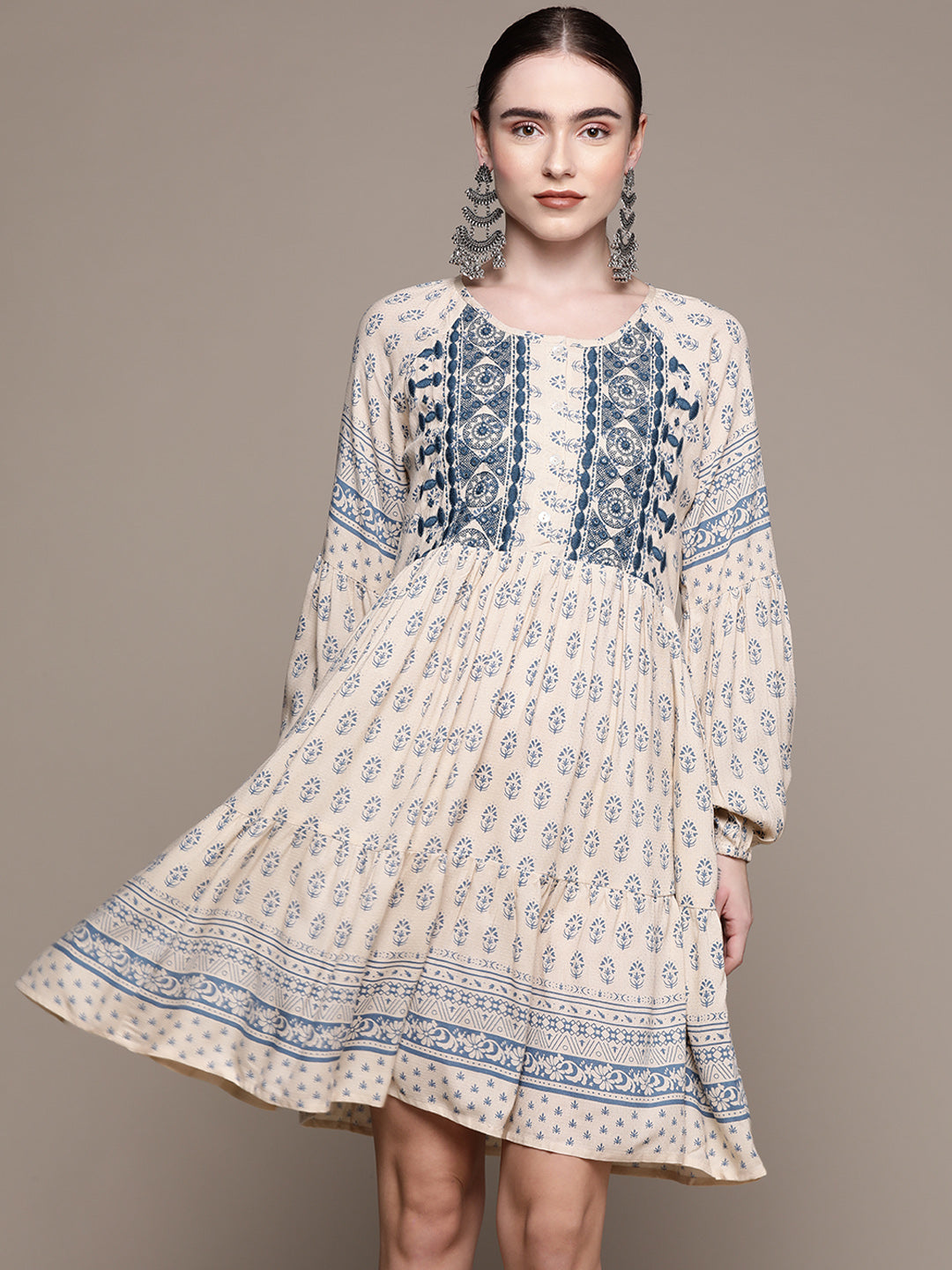 Ishin Women's Rayon Cream & Blue Embroidered A-Line Dress