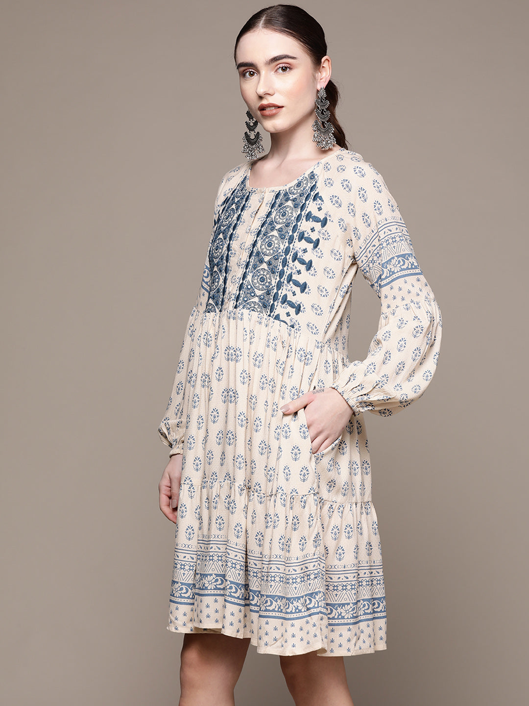 Ishin Women's Rayon Cream & Blue Embroidered A-Line Dress