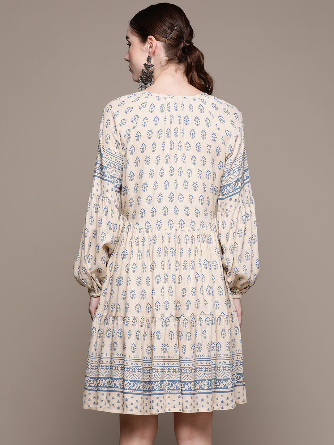 Ishin Women's Rayon Cream & Blue Embroidered A-Line Dress