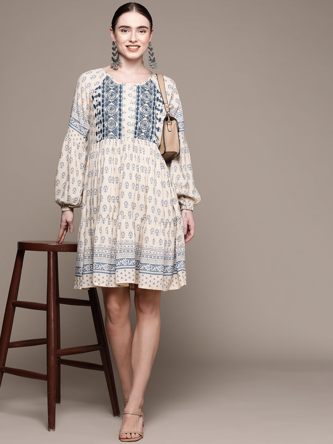 Ishin Women's Rayon Cream & Blue Embroidered A-Line Dress