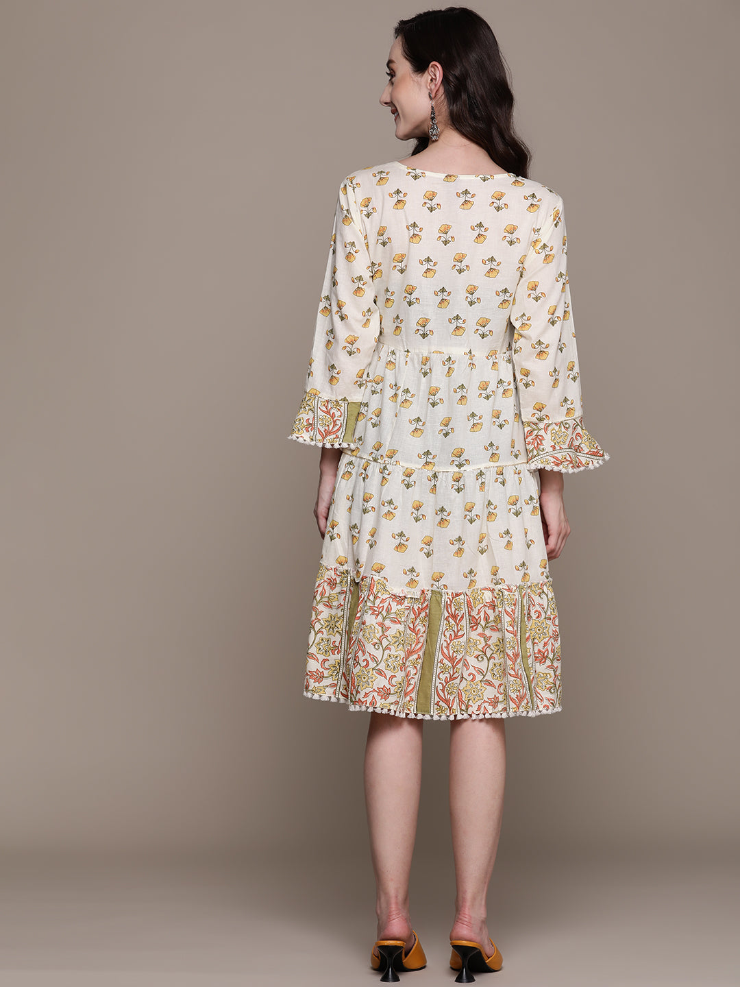 Ishin Women's Cotton Off White Embroidered A-Line Dress