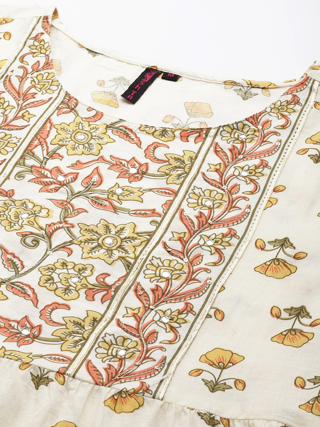 Ishin Women's Cotton Off White Embroidered A-Line Dress