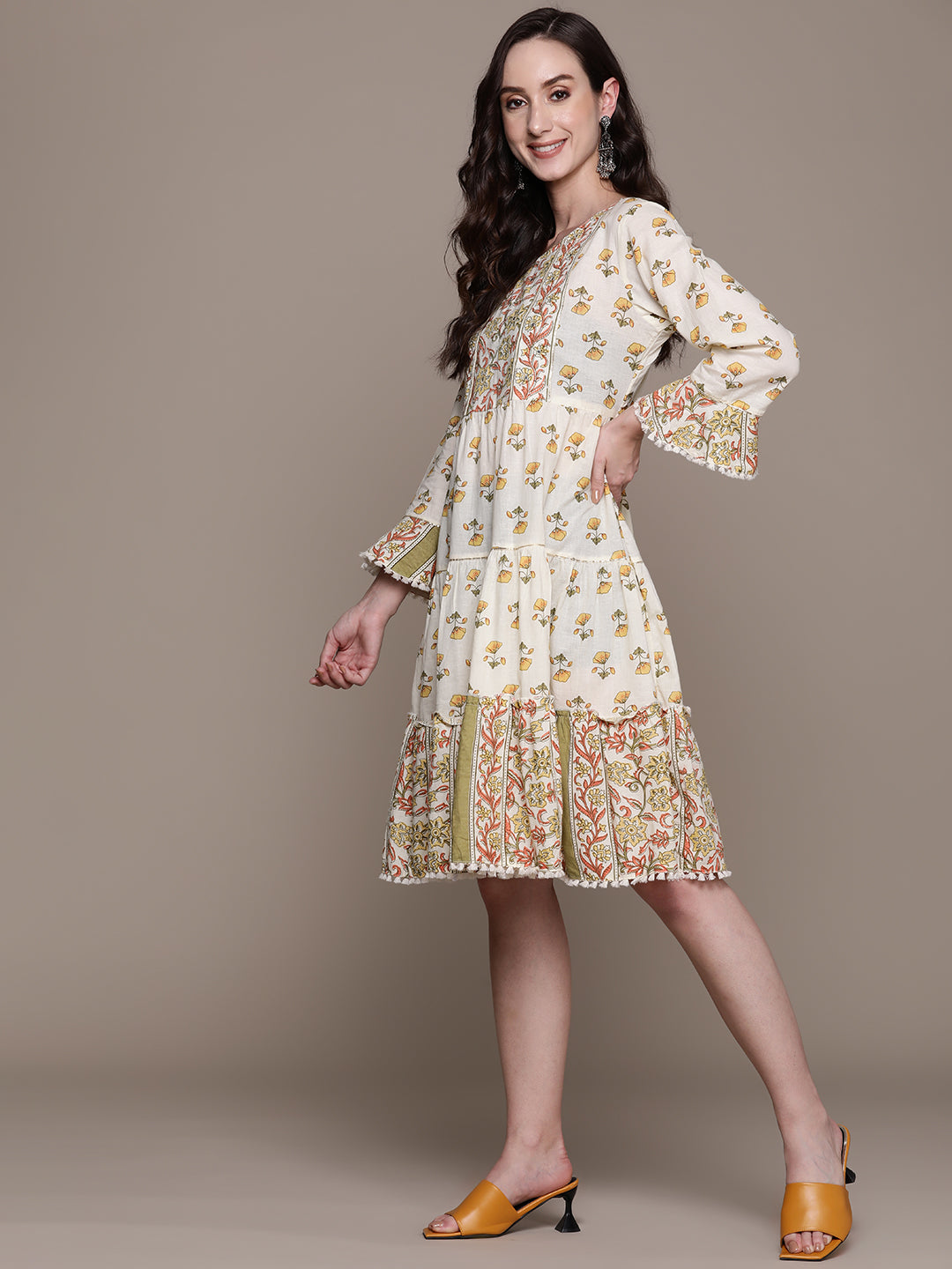Ishin Women's Cotton Off White Embroidered A-Line Dress