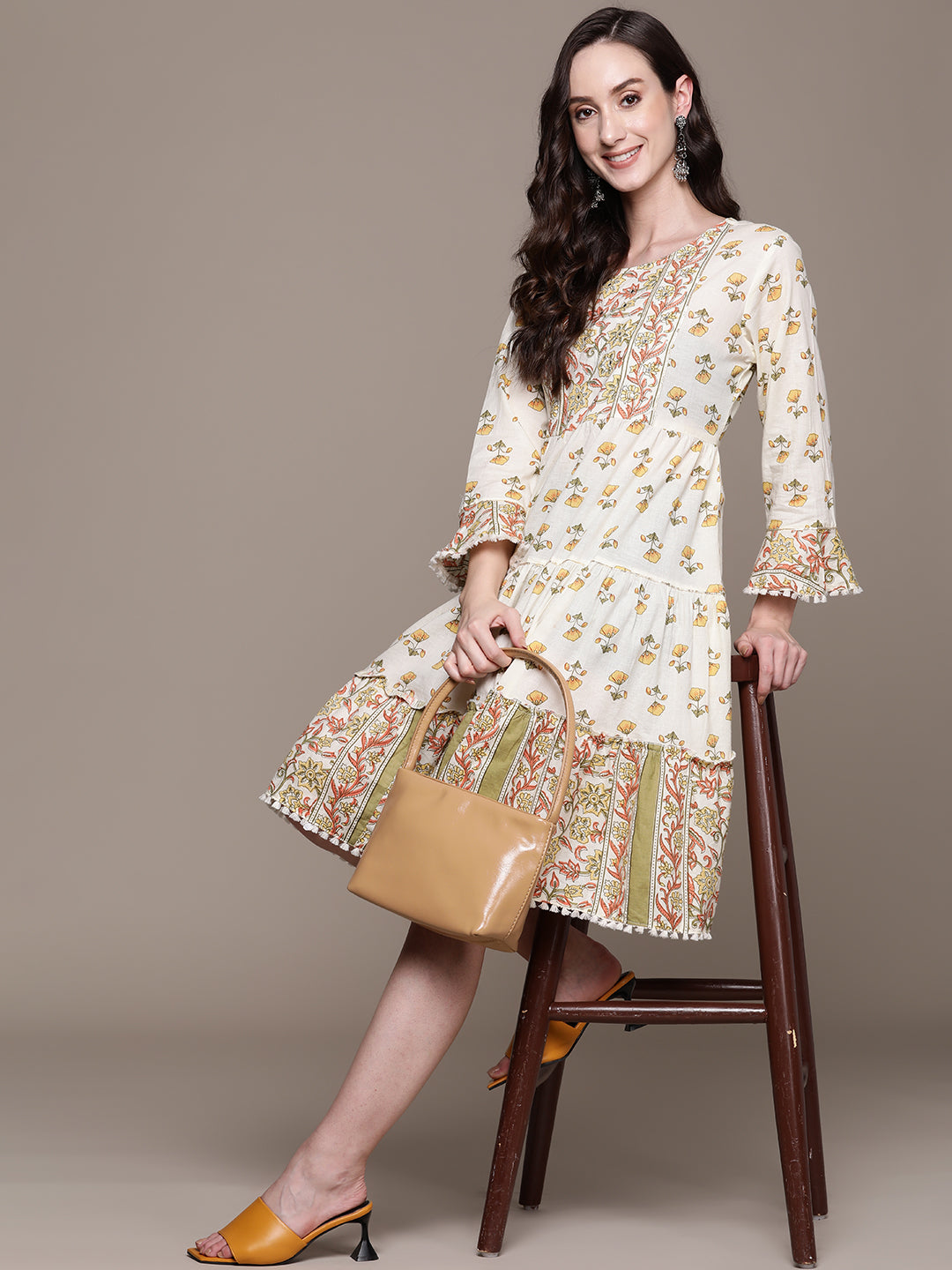 Ishin Women's Cotton Off White Embroidered A-Line Dress