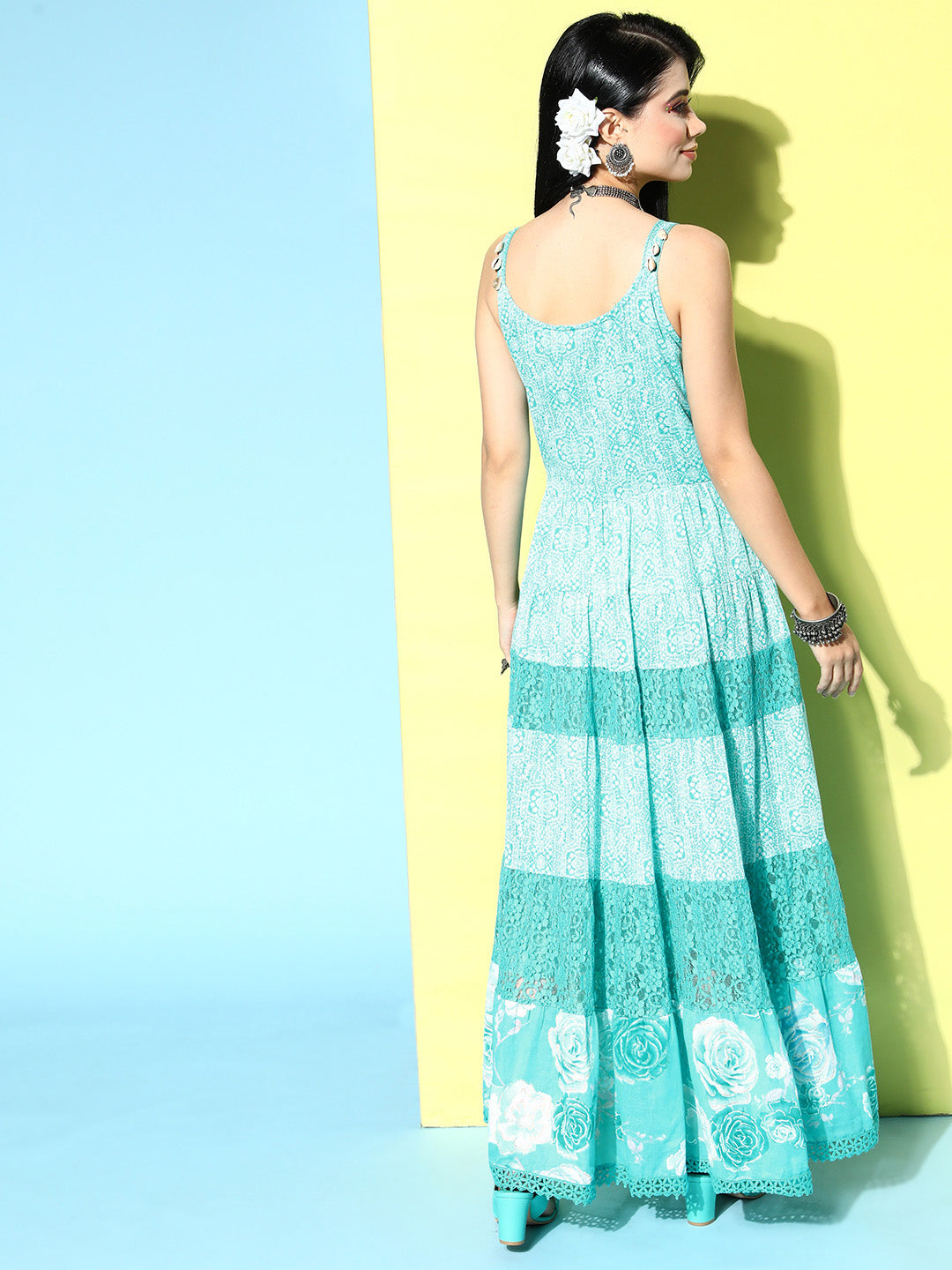 Ishin Women's Cotton Blue Embroidered Shoulder Strap A-Line Dress