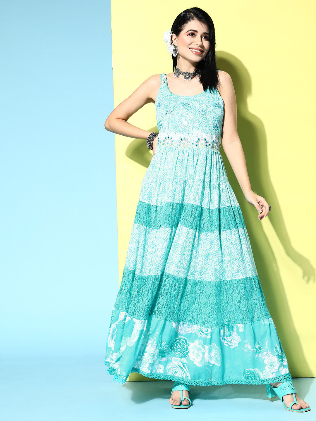 Ishin Women's Cotton Blue Embroidered Shoulder Strap A-Line Dress