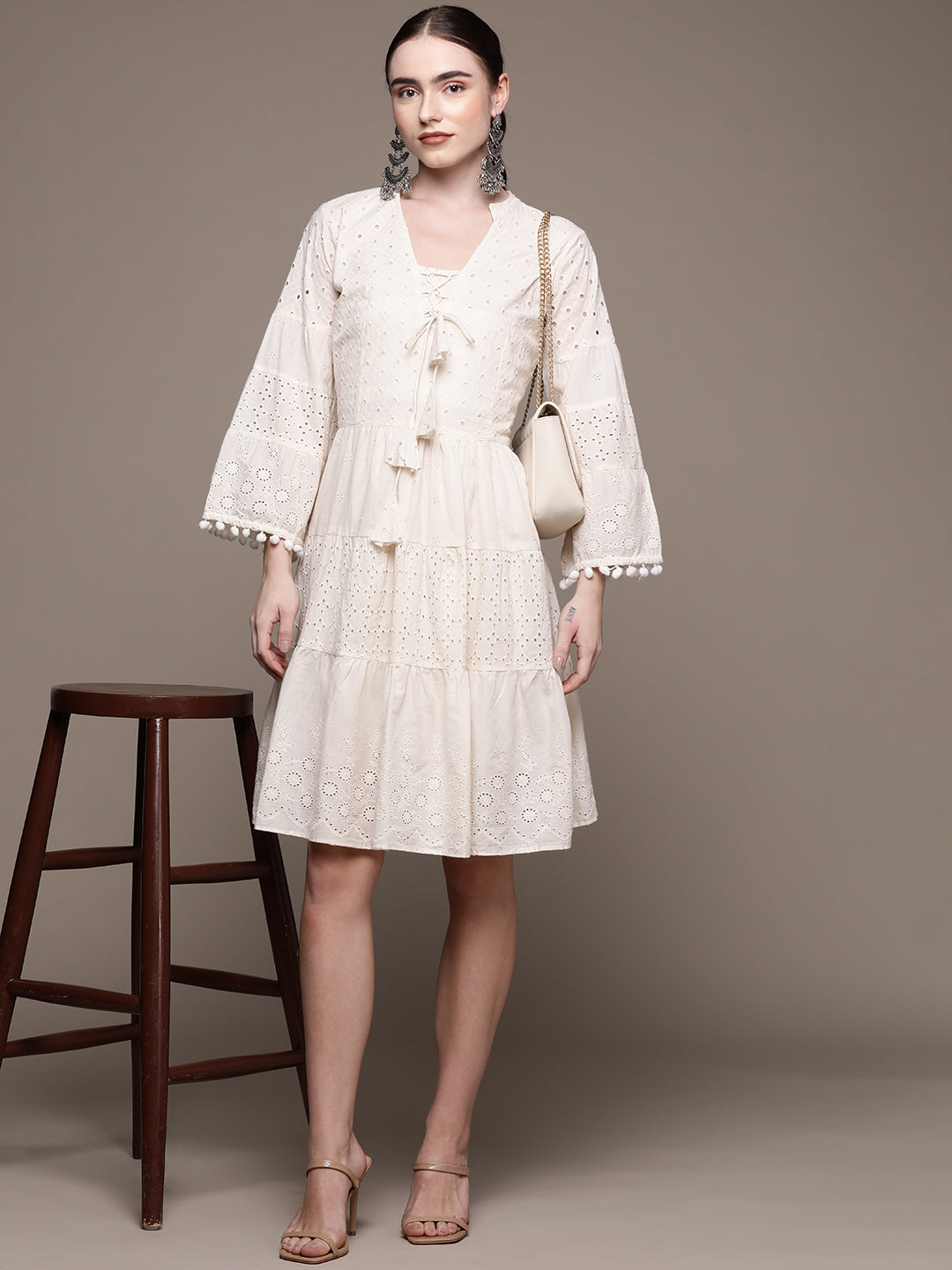 Ishin Women's Cotton Off White Schiffli Embroidered A-Line Dress