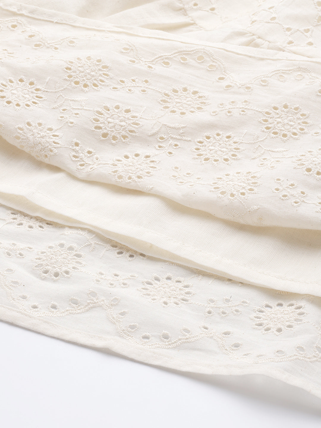 Ishin Women's Cotton Off White Schiffli Embroidered A-Line Dress