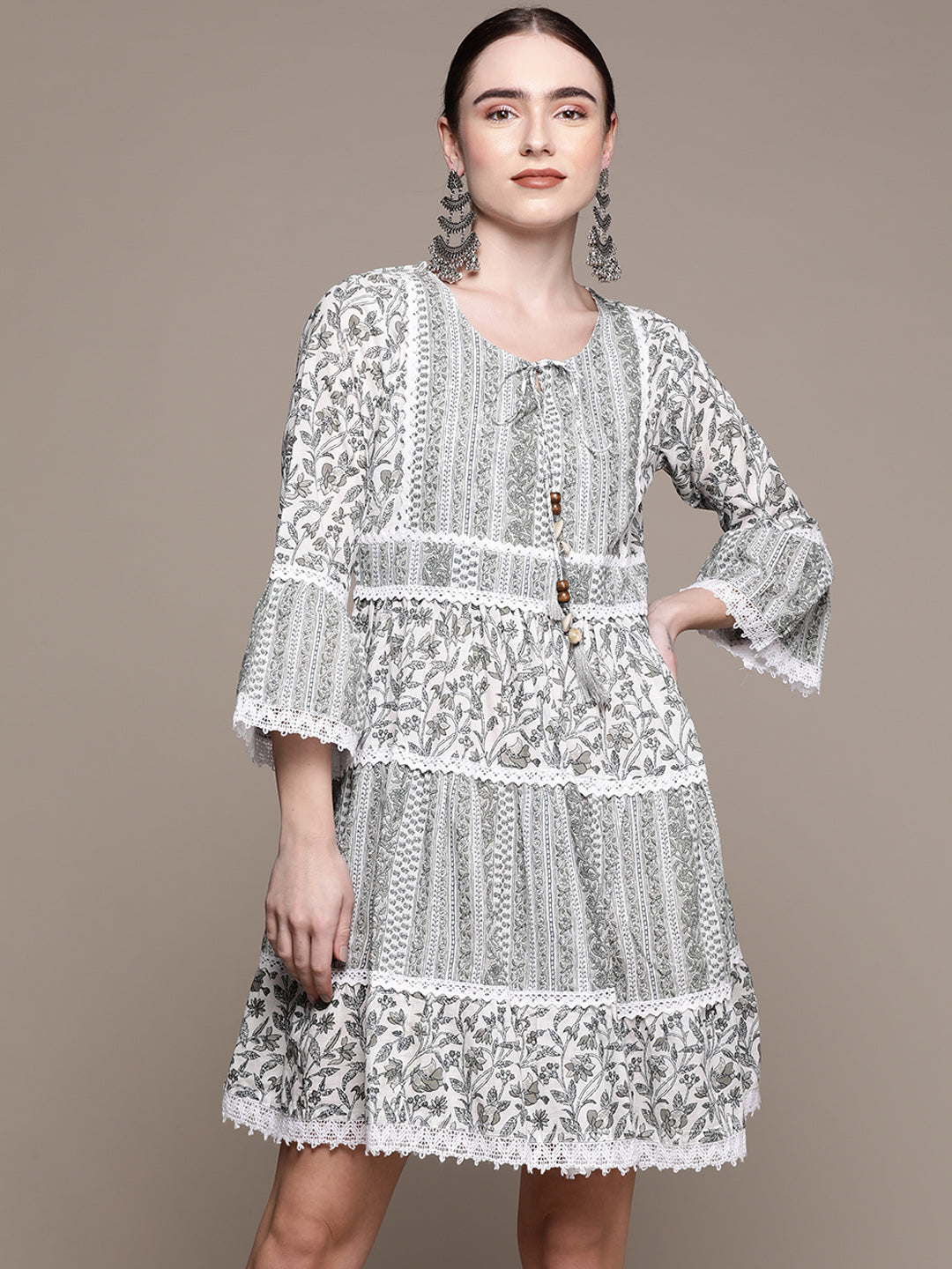 Ishin Women's Cotton White & Olive Embroidered A-Line Dress