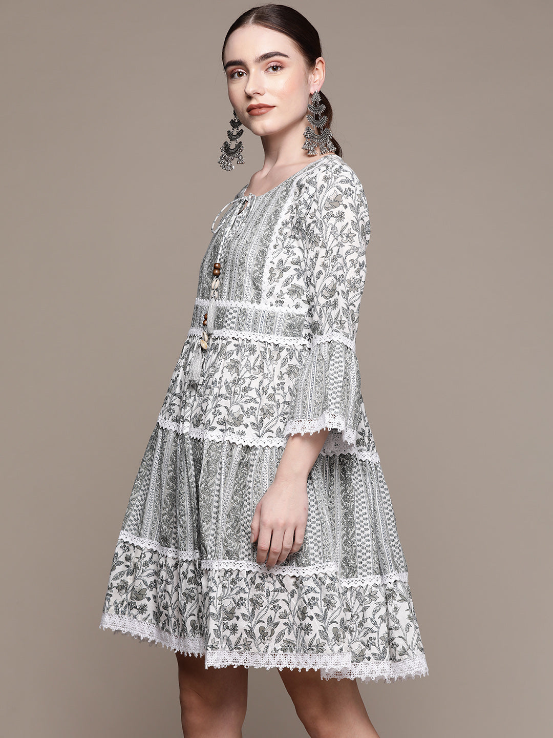 Ishin Women's Cotton White & Olive Embroidered A-Line Dress