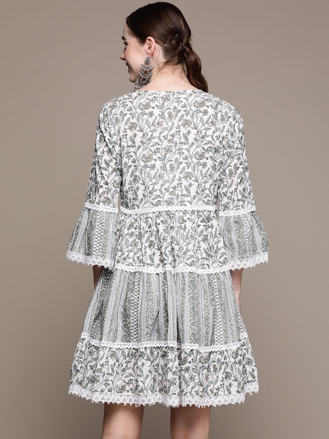 Ishin Women's Cotton White & Olive Embroidered A-Line Dress