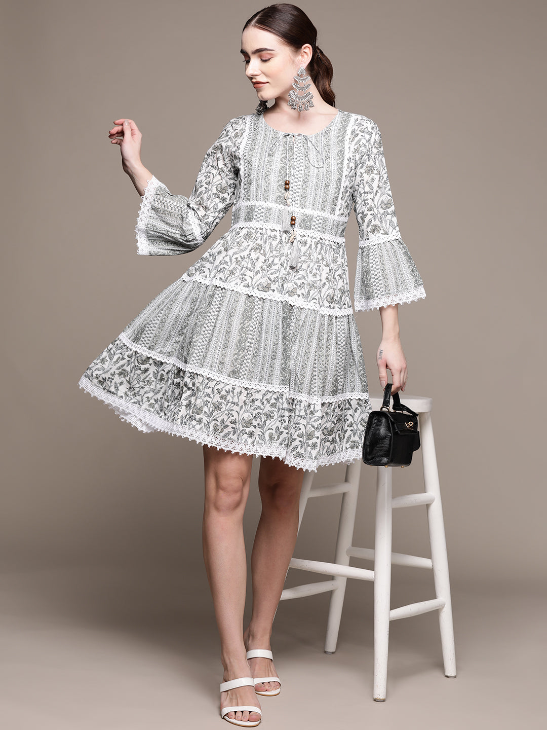 Ishin Women's Cotton White & Olive Embroidered A-Line Dress