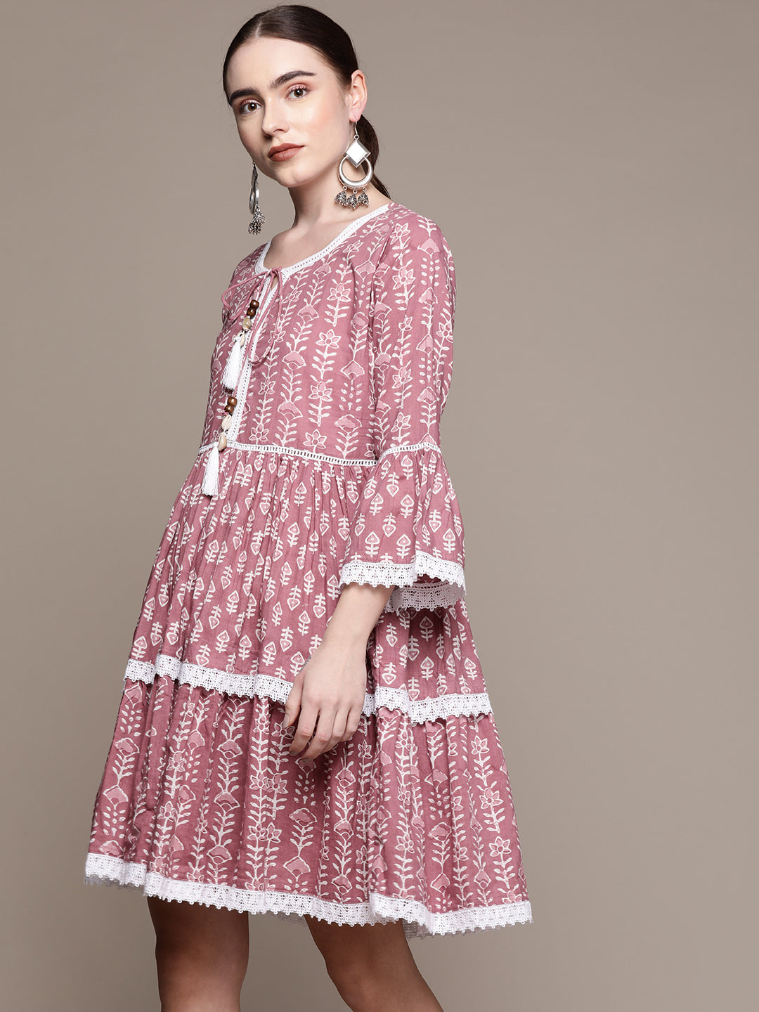 Ishin Women's Cotton Purple Printed A-Line Dress