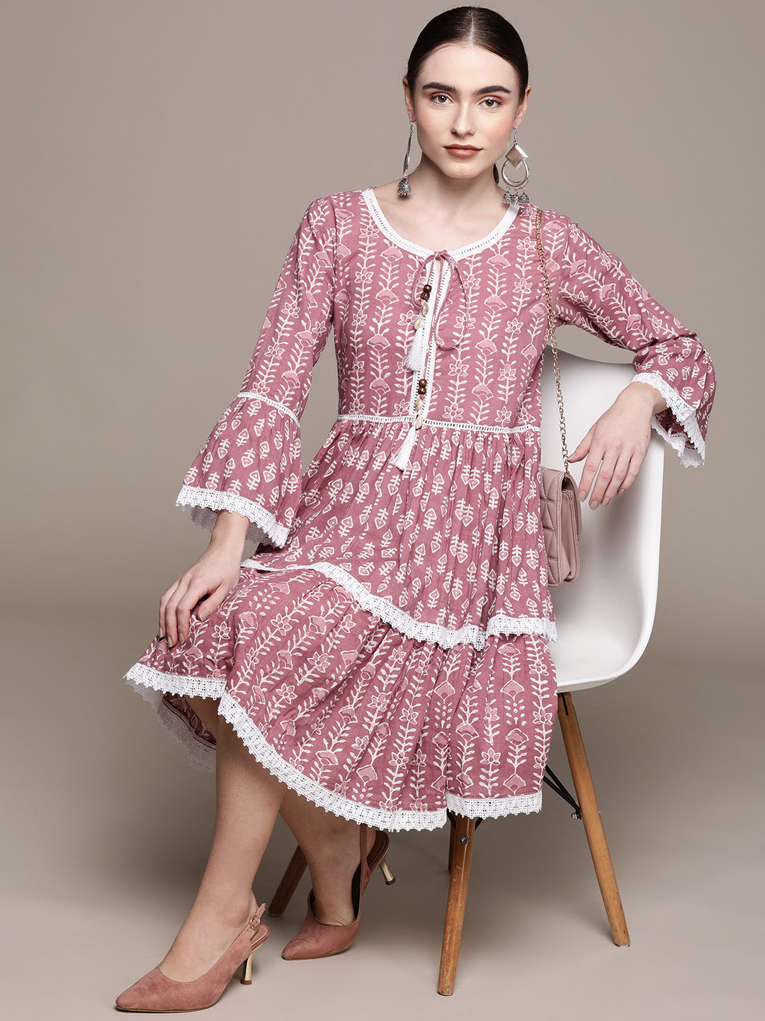 Ishin Women's Cotton Purple Printed A-Line Dress