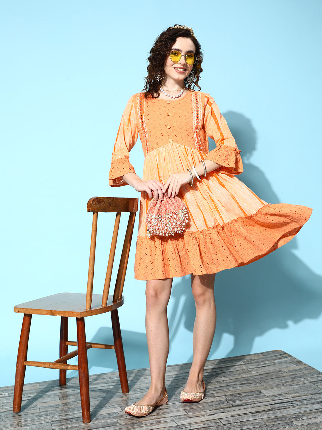 Ishin Women's Cotton Orange Lurex Embellished A-Line Dress