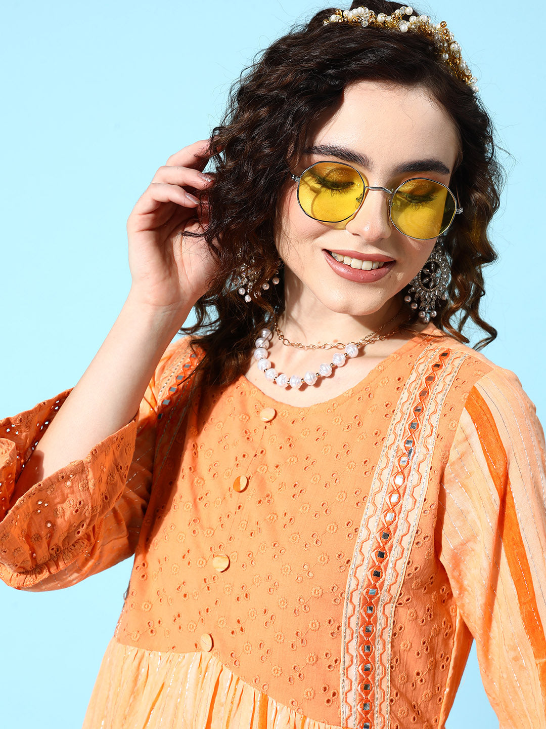 Ishin Women's Cotton Orange Lurex Embellished A-Line Dress