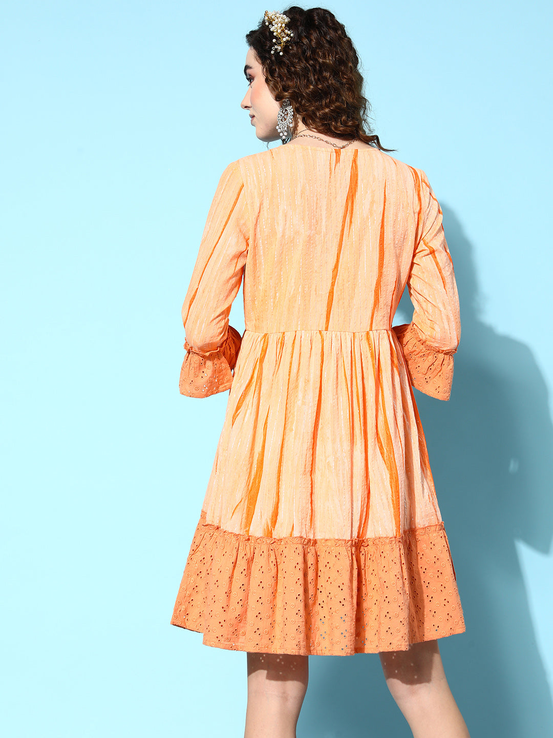Ishin Women's Cotton Orange Lurex Embellished A-Line Dress