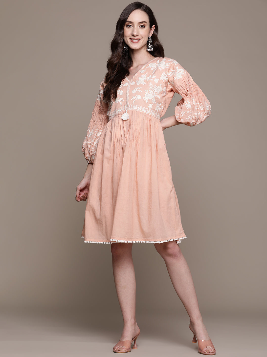 Ishin Women's Cotton Peach Embroidered A-Line Dress