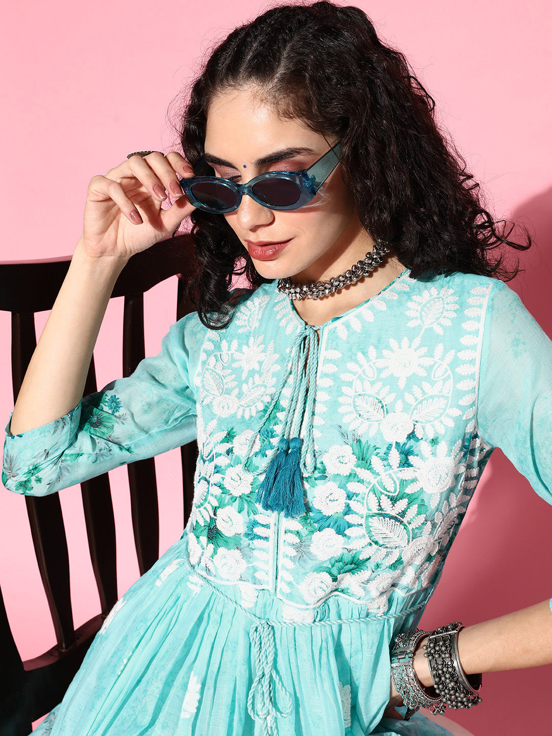 Ishin Women's Cotton Blue Embroidered A-Line Dress