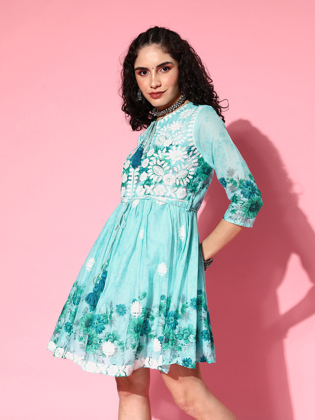 Ishin Women's Cotton Blue Embroidered A-Line Dress