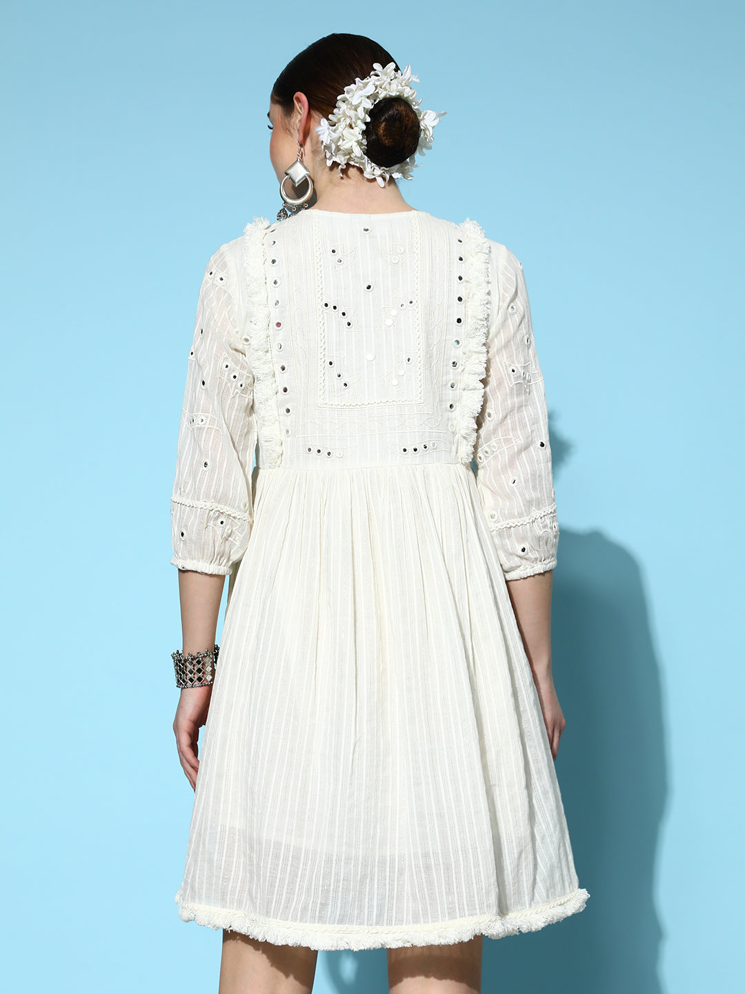 Ishin Women's Cotton Cream  Embroiderd A-Line Dress