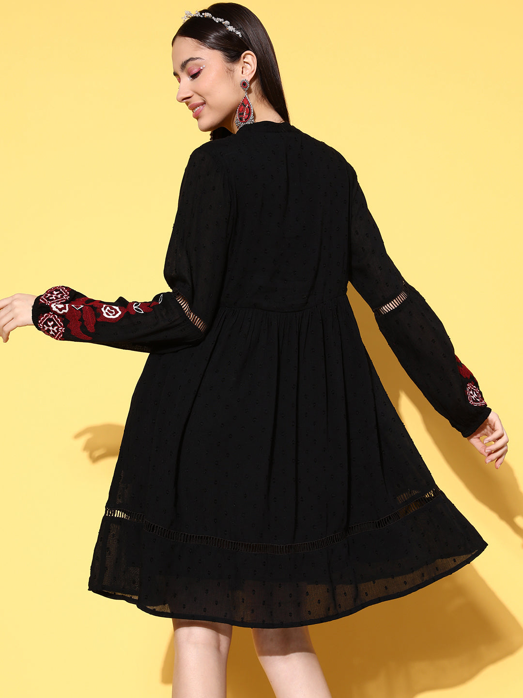 Ishin Women's Cotton Black Embroidered A-Line Dress