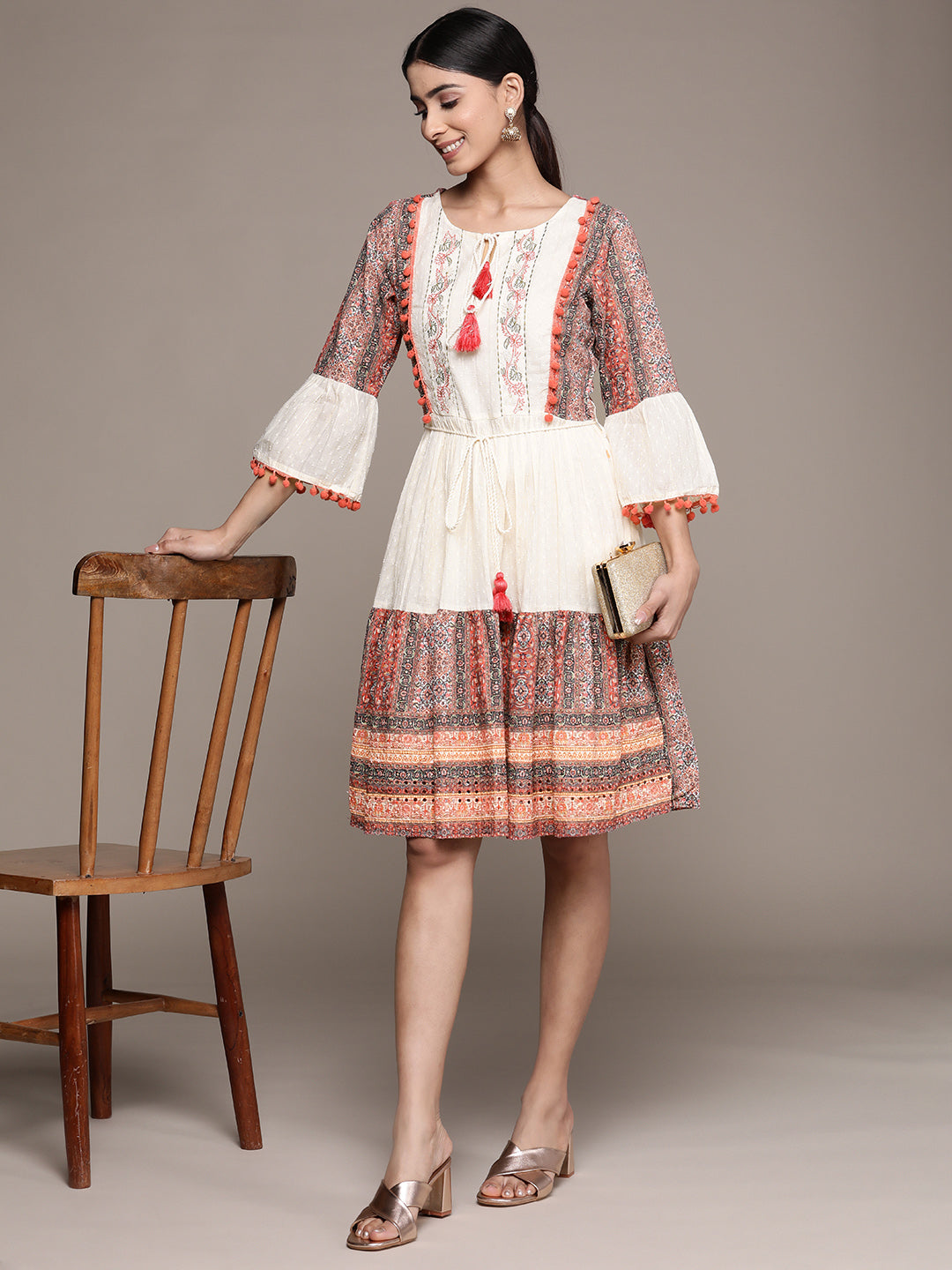 Ishin Women's Cotton Cream & Multicolored Embroidered A-Line Dress
