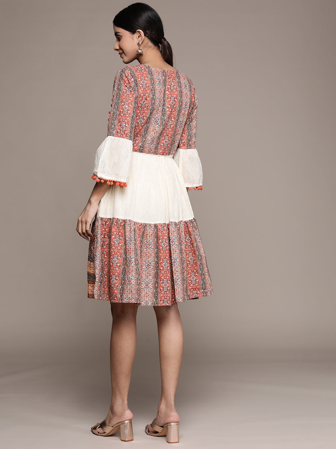 Ishin Women's Cotton Cream & Multicolored Embroidered A-Line Dress