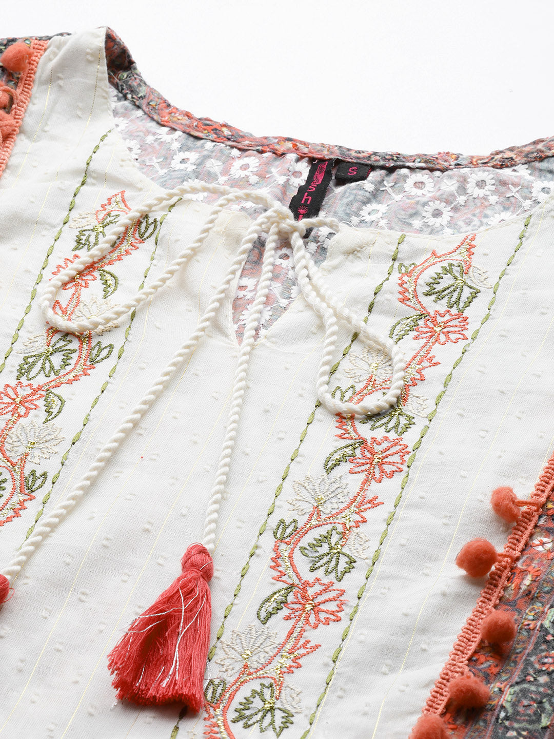Ishin Women's Cotton Cream & Multicolored Embroidered A-Line Dress