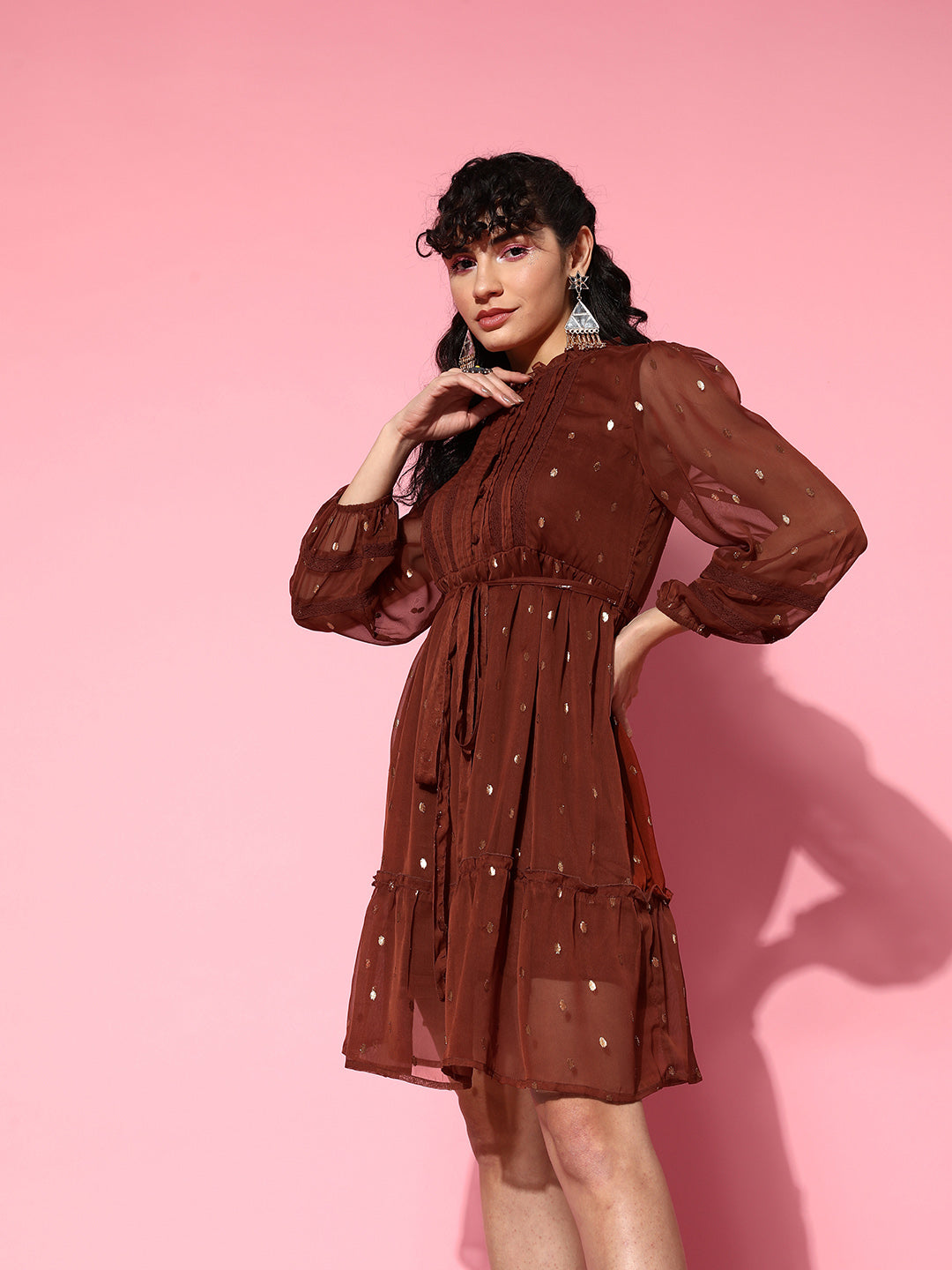Ishin Women's Chiffon Brown Lurex Embellished A-Line Belted Dress