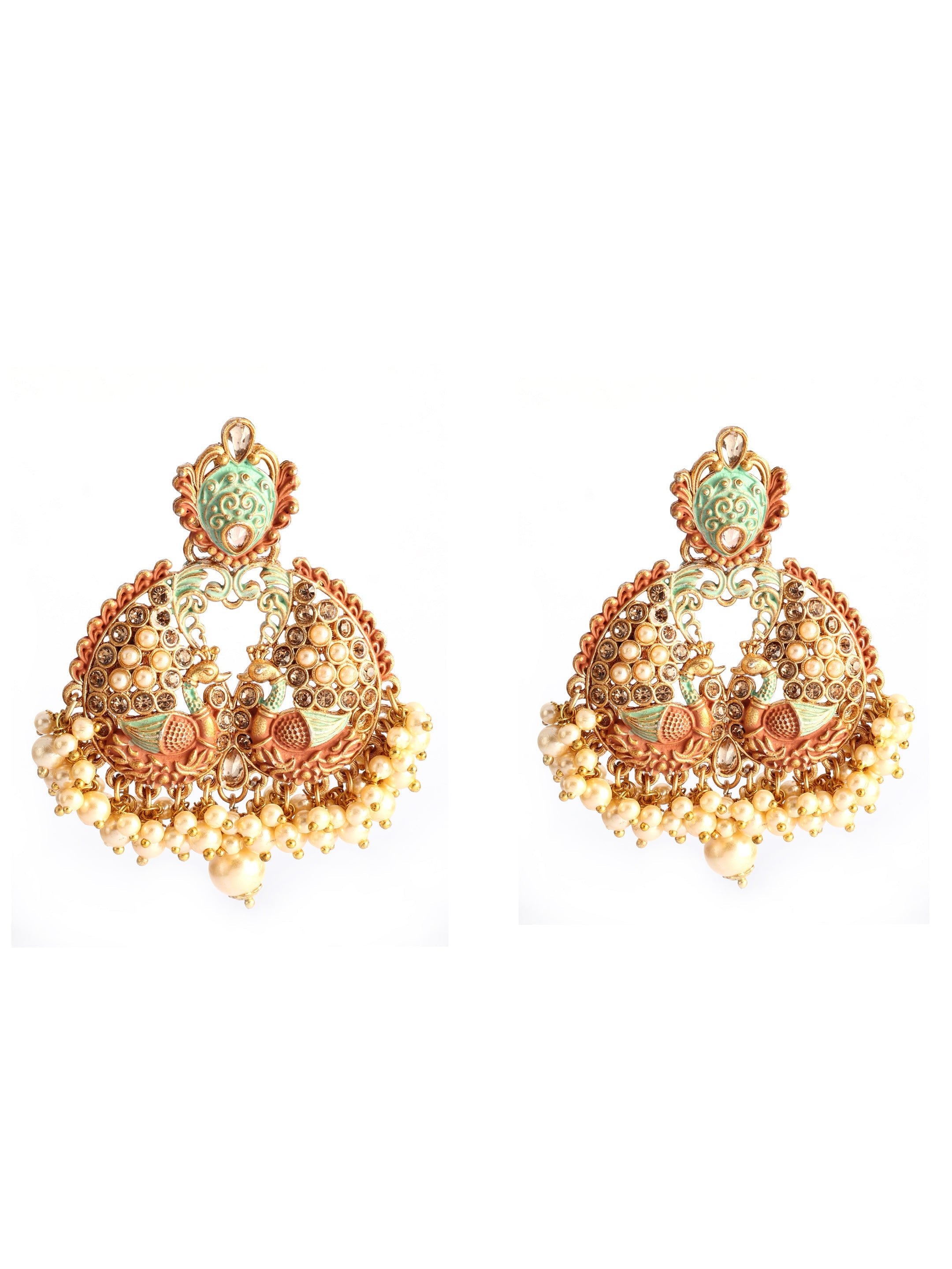 Ishin Gold Toned Meenakari Peacock Shaped Drop Earring