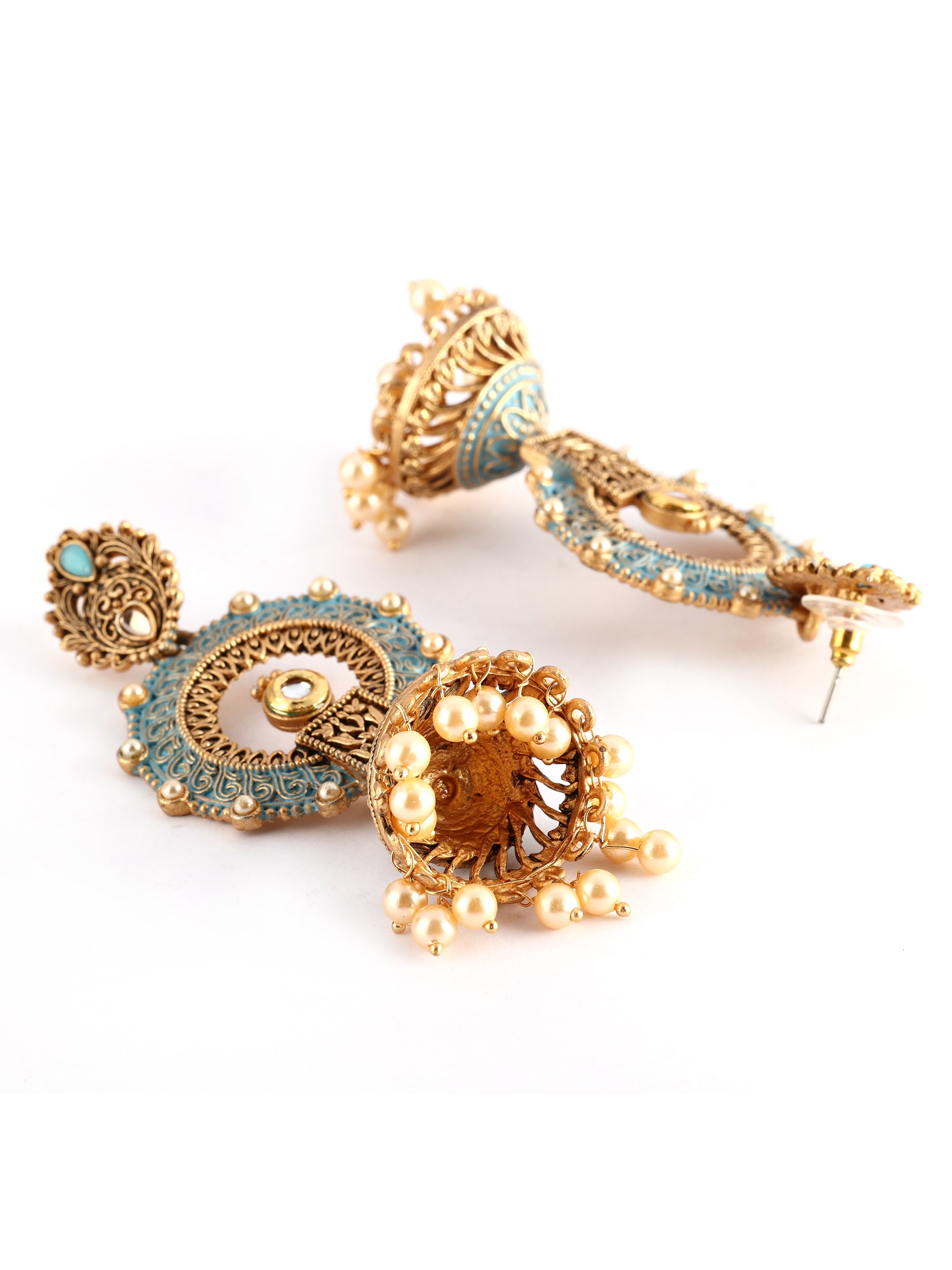 Ishin Gold Toned Blue Meenakari Contemporary Shaped Jhumka