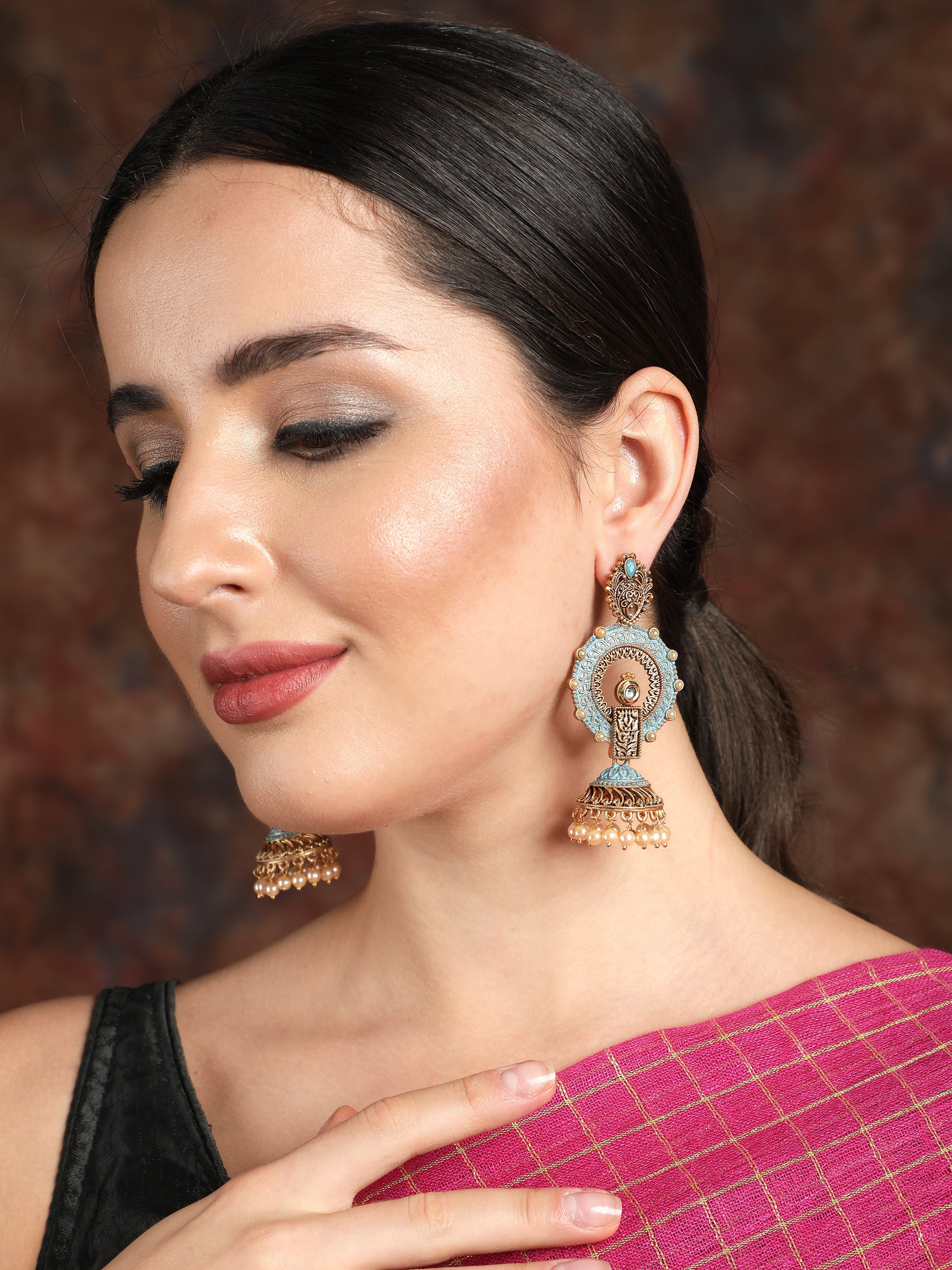 Ishin Gold Toned Blue Meenakari Contemporary Shaped Jhumka