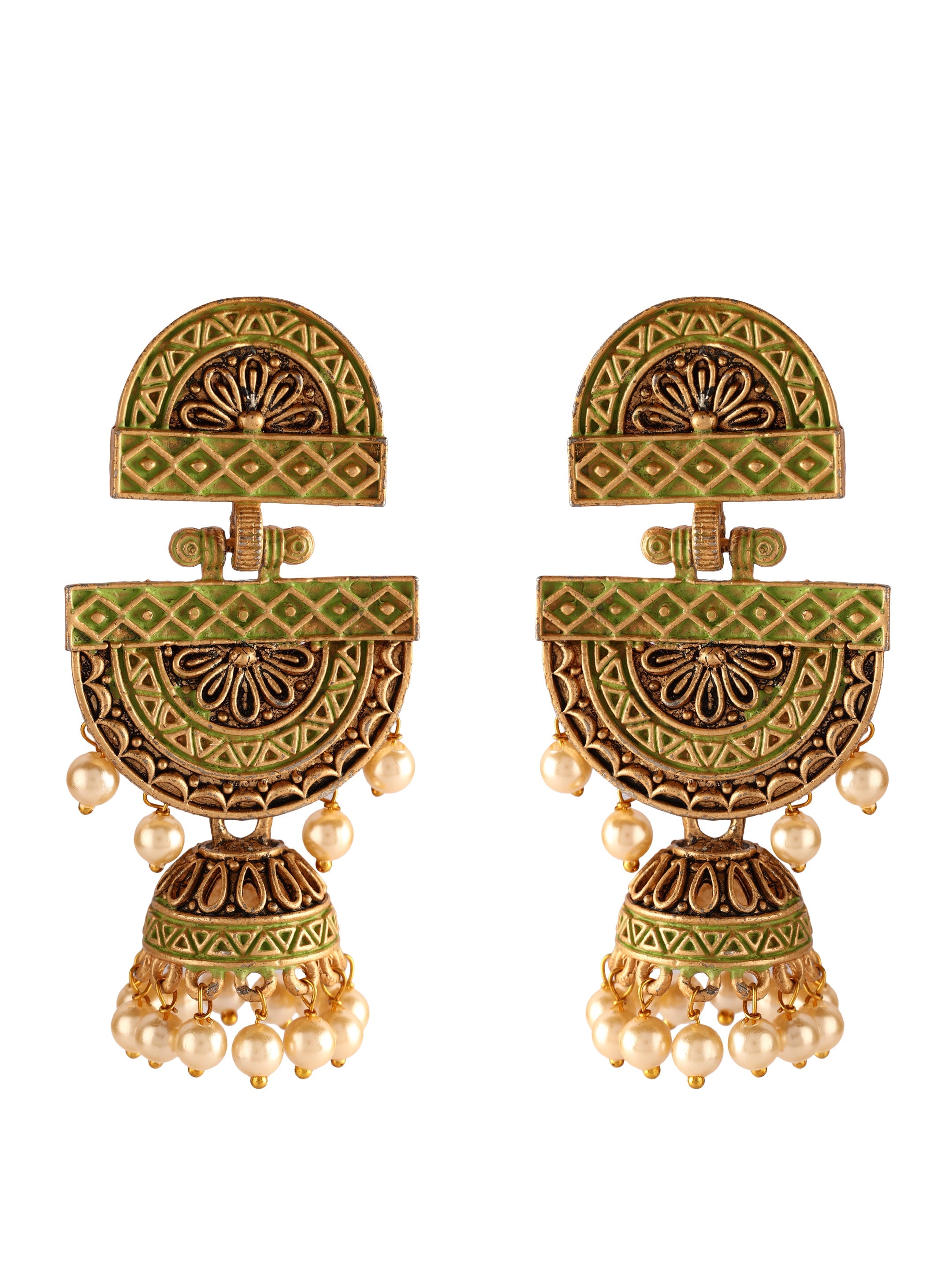 Ishin Gold Toned Green Meenakari Pearl Jhumka