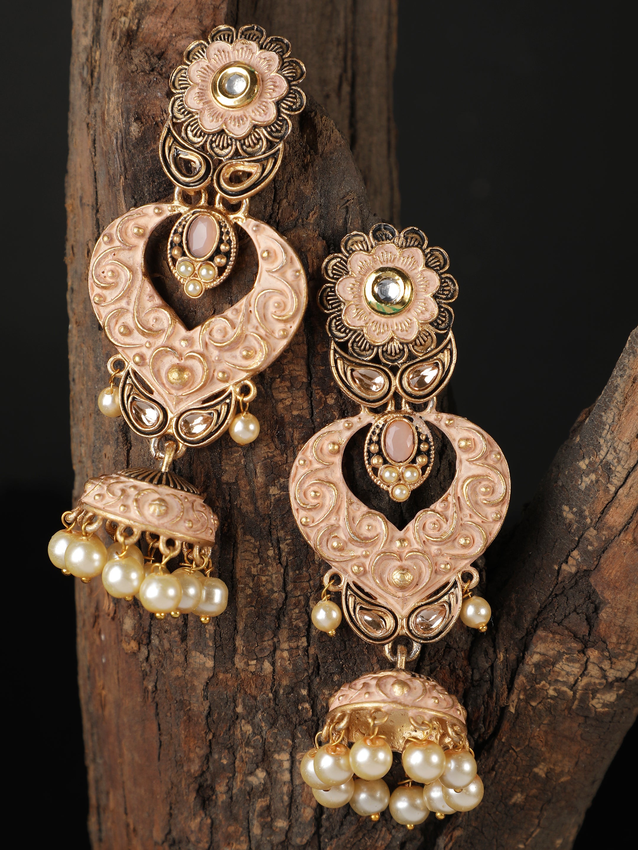 Ishin Gold Toned Pearl Pink Meenakari Floral Shaped Drop Earrings 