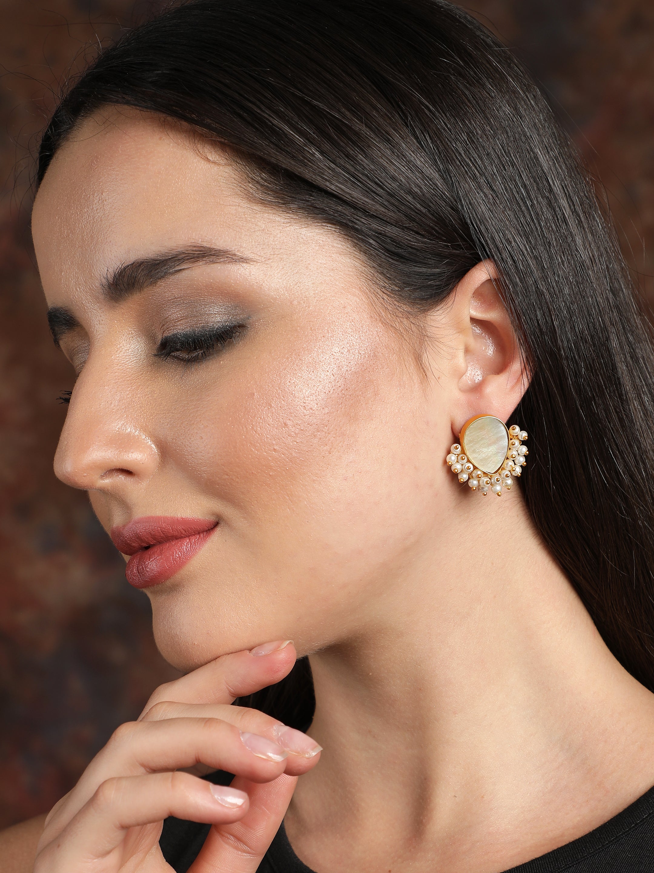 Ishin Gold Plated Pearl Stone Teardrop Shaped Stud