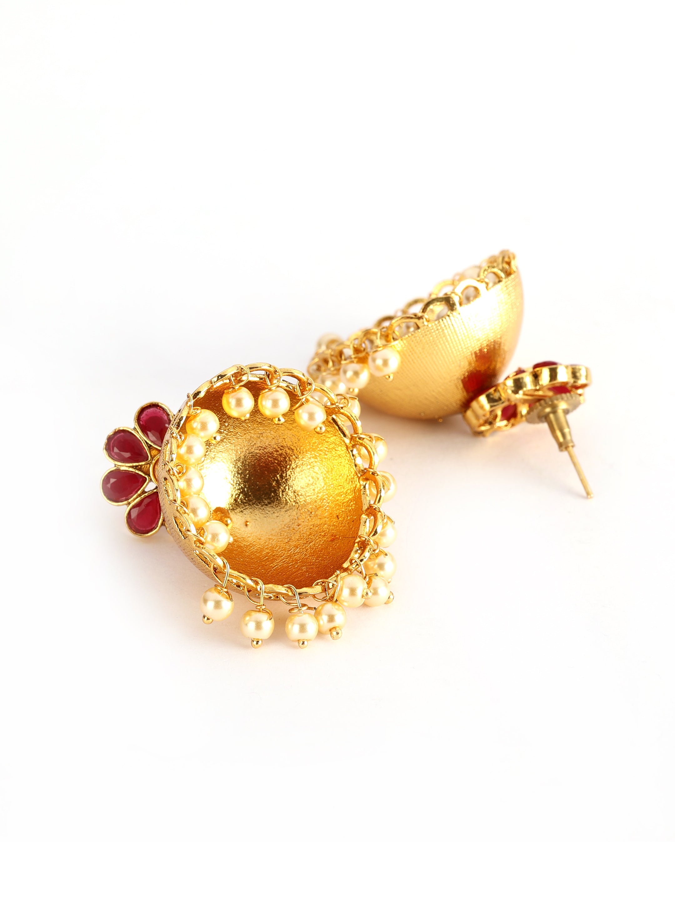 Ishin Gold Plated Red Stone Studded Dome Shaped Jhumka