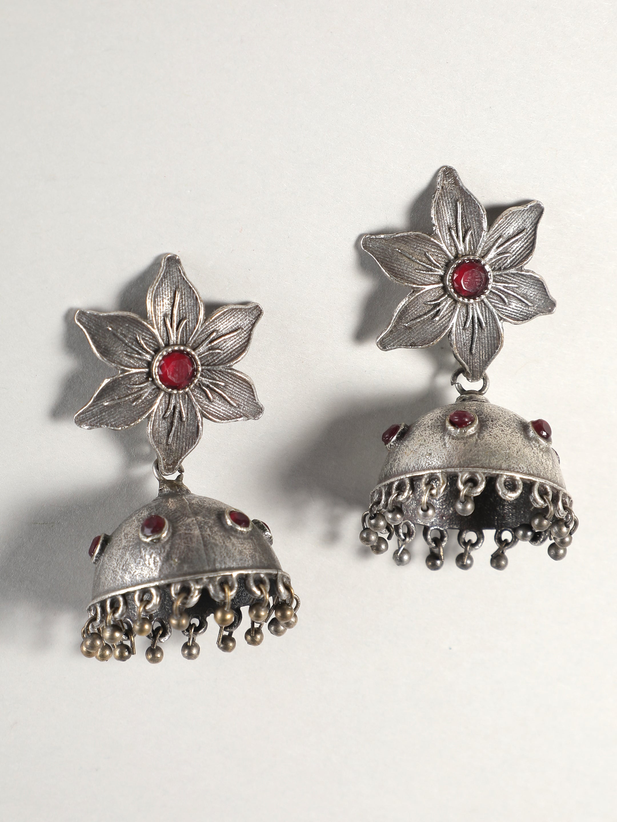 Ishin Oxidised Silver Red Stone Floral Jumka