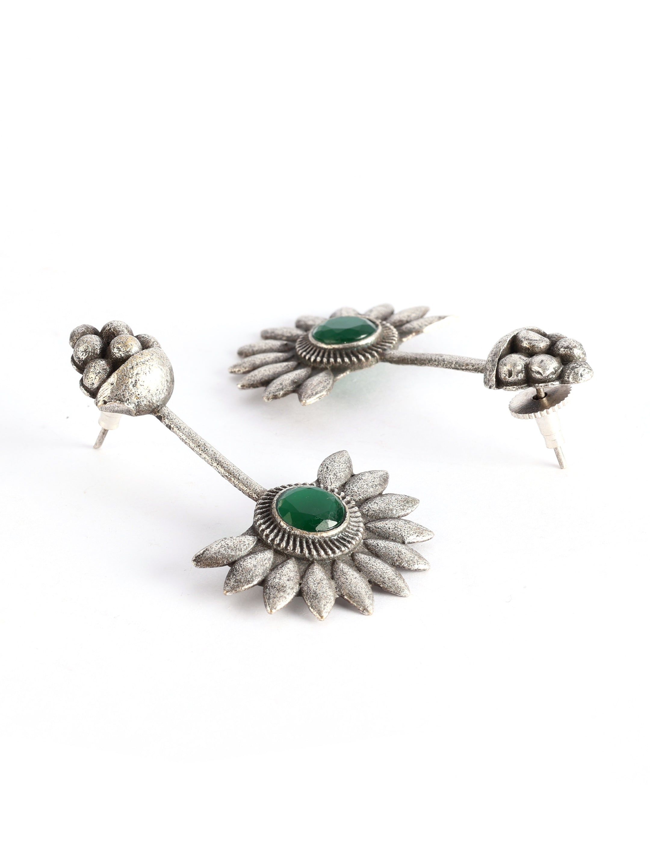 Ishin Oxidised Silver Plated Green Stone Studded Earring