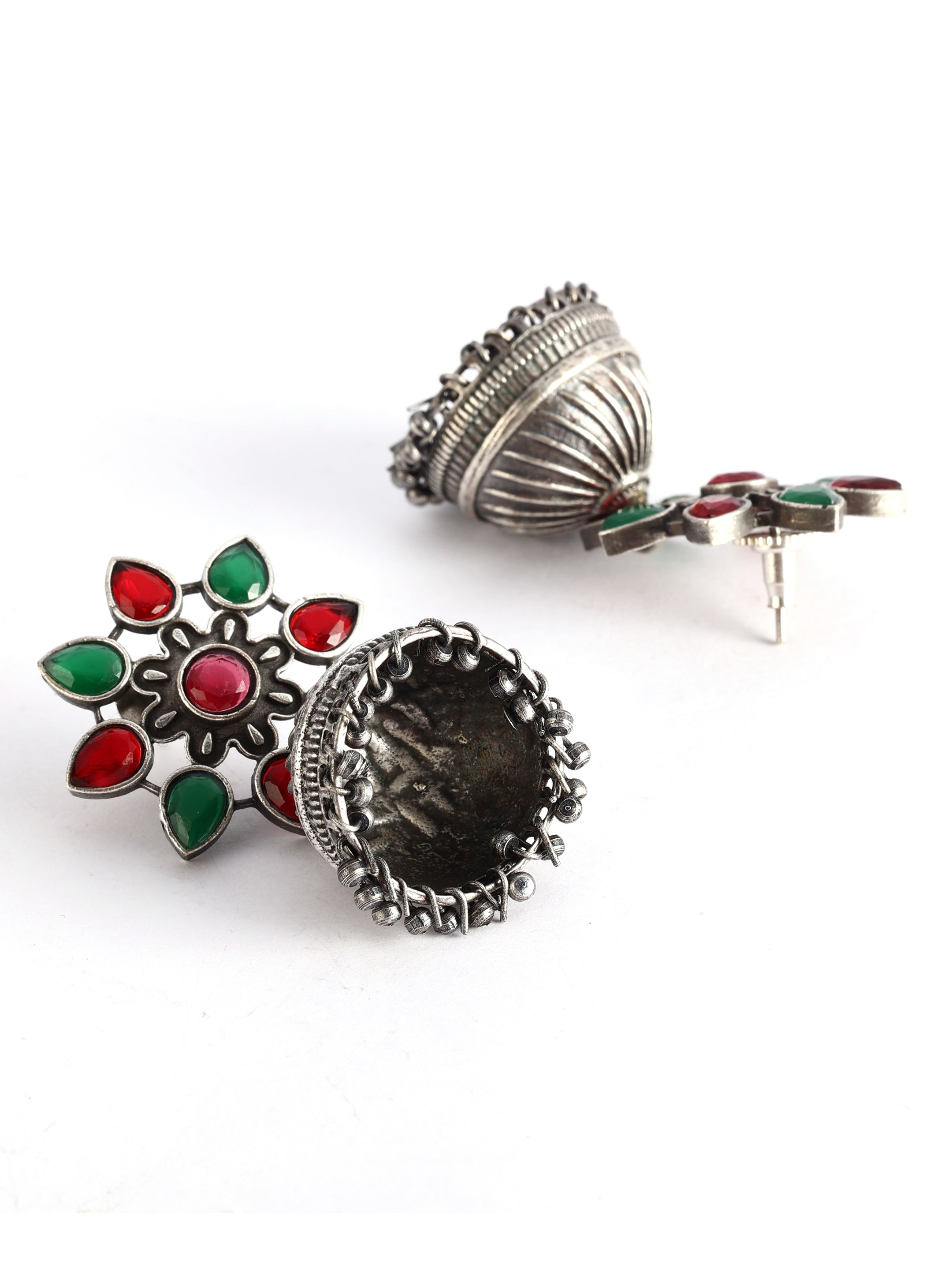 Ishin Oxidised Green & Red Dome Shaped Jumka